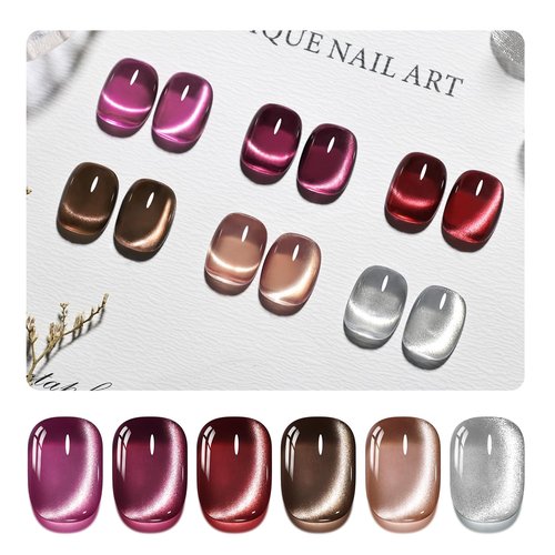 JODSONE Cat Eye Gel Nail Polish Set 10ML Purple Red Silver Collection 6 Colors for Holographic Glitter Cat Eye with Magnet at Home DIY Design Gift for Girls