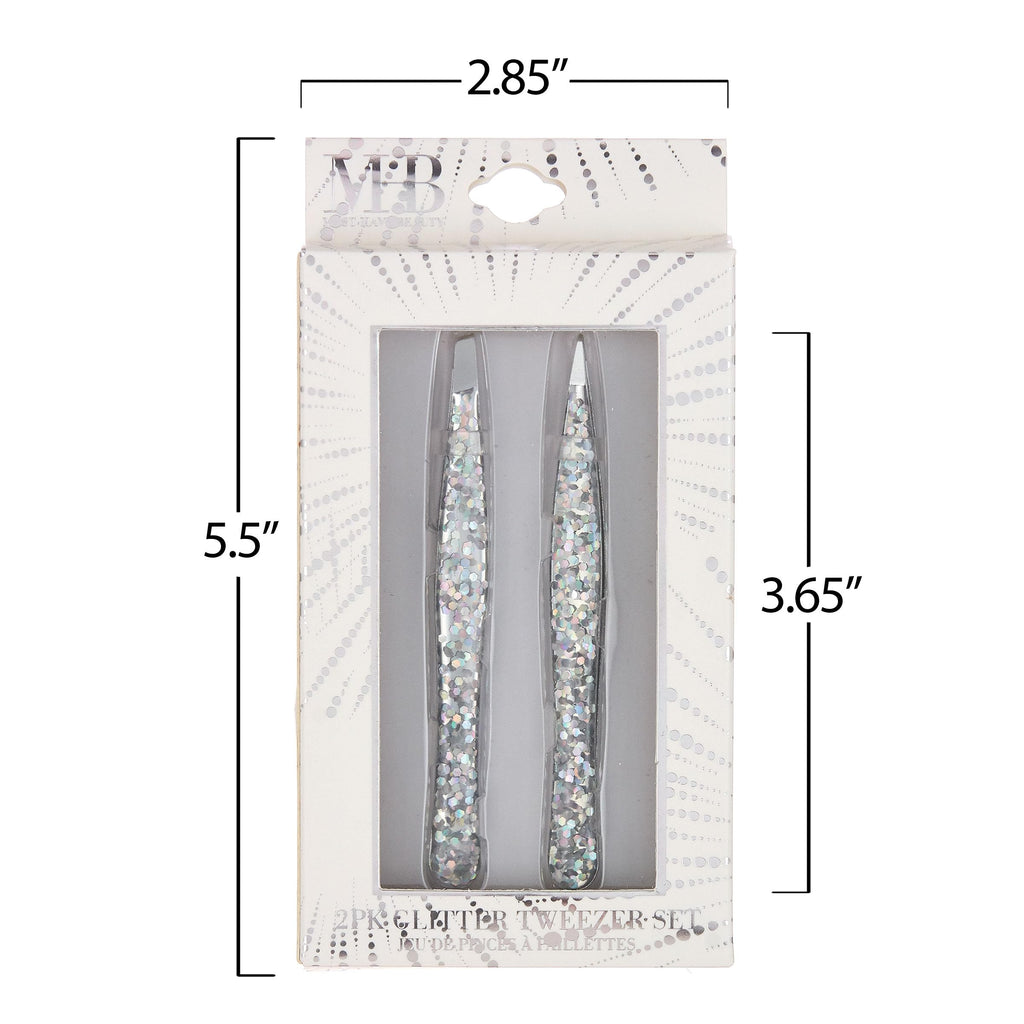 2pc Silver Glitter Tweezer Set - Pointed & Slanted Stainless Steel