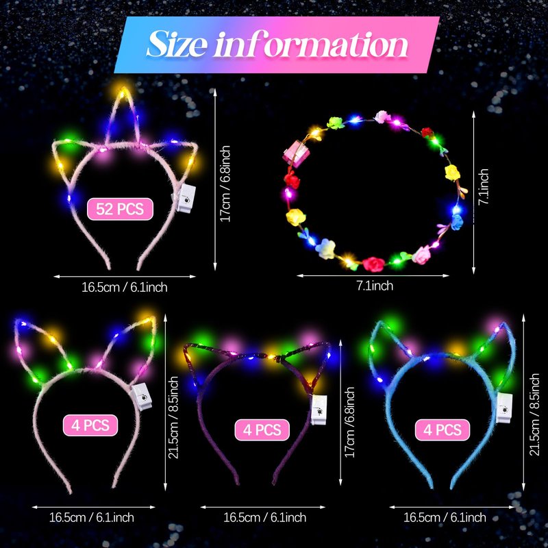 Xinnun 50 Pcs LED Unicorn Ear Headbands Bulk, Light up Cat Flower Headband Glow Crown Rabbit Ear Head Accessories for Adults Valentine's Day Mardi Gras Carnival Glow in the Dark Supplies