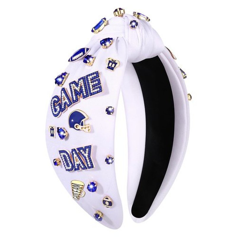 Football Headband for Women Football Accessories Beaded Football Rhinestone Crystal Knotted Headband Jeweled Embellished Game Day Top Knot Hairband Football Mom Hair Accessories (D-White Blue)