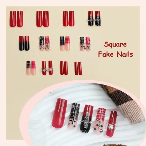 MISUD Press on Nails - Long Square Glue on Nails with Goth Red Black, Acrylic Gothic Y2K Cross Design 24 pcs