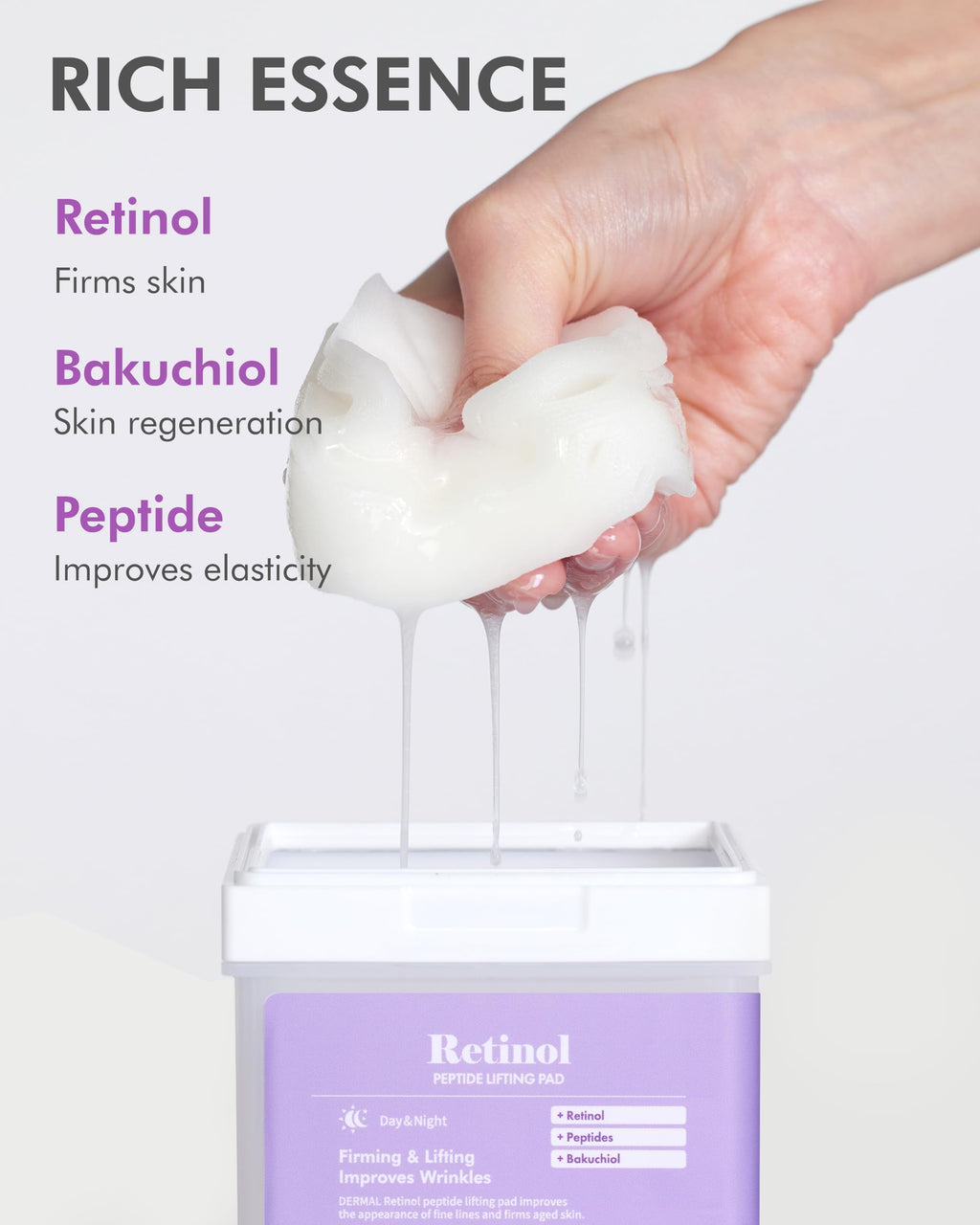 DERMAL Retinol Peptide Lifting Pad - Korean Toner Pad for Anti-Aging & Wrinkles with Bakuchiol - Vegan Pure Cotton Square Pads - Travel Kit 12 Pads, 3 Pack (Total 36 ea)