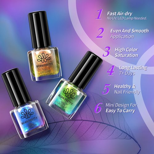 Born Pretty Chameleon Nail Polish Set, 6 Colors Chrome Holographic Metallic Glitter Quick Dry Nail Lacquer Kit Long Lasting DIY Fingernail Art Home Salon Valentines Gifts for Women Girls