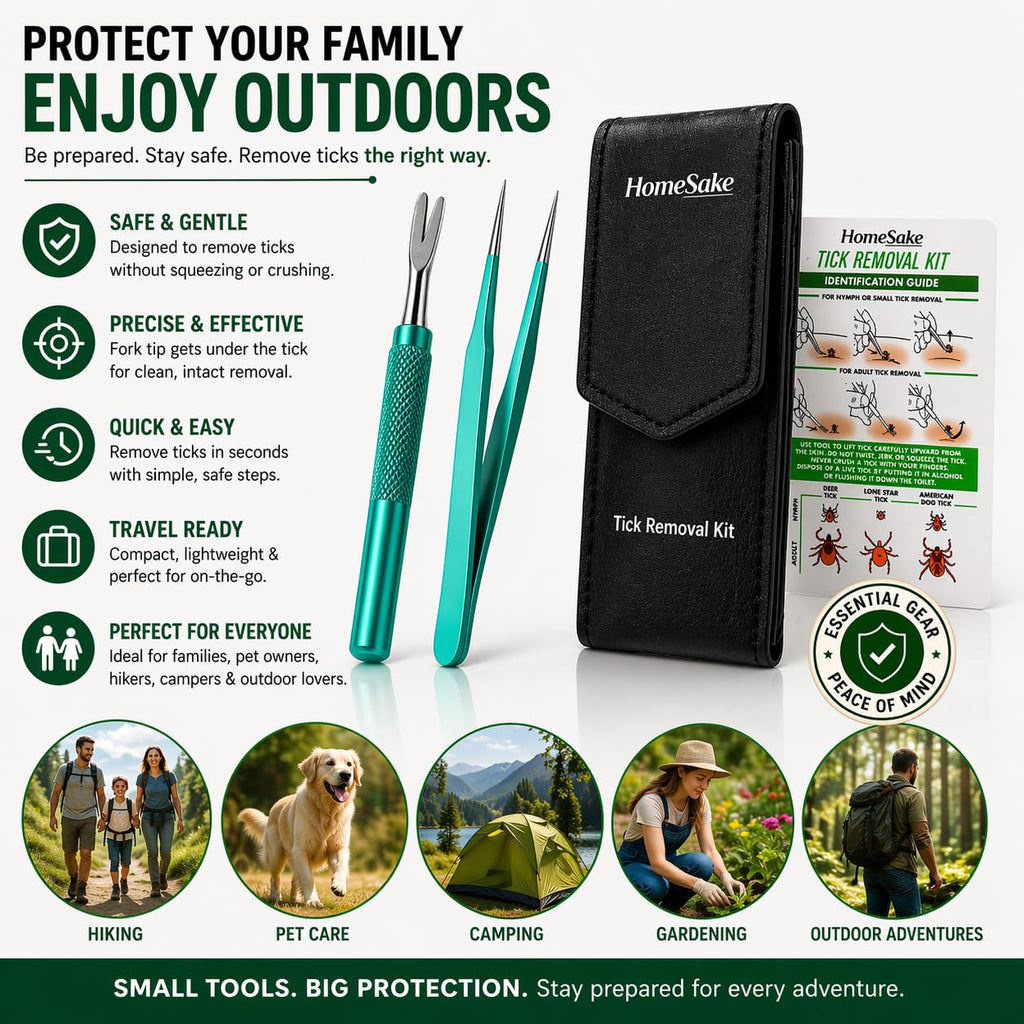 Homesake Tick Remover Tool for Dogs, Cats & Humans | Deer Tick Remover Kit | Stainless Steel Tick Removal Tool with Fine Tip Tweezers | Removes Entire Tick Head & Body | Pouch & ID Card