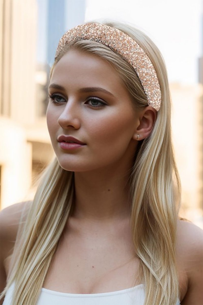 Gmmidea Pearl Rhinestone Women Headband Fashion Bling Beaded Crystal Diamond Headband Glitter Bejeweled Padded Hairband Holiday Girls Headpiece Sparkle Hair Accessories C-Champagne