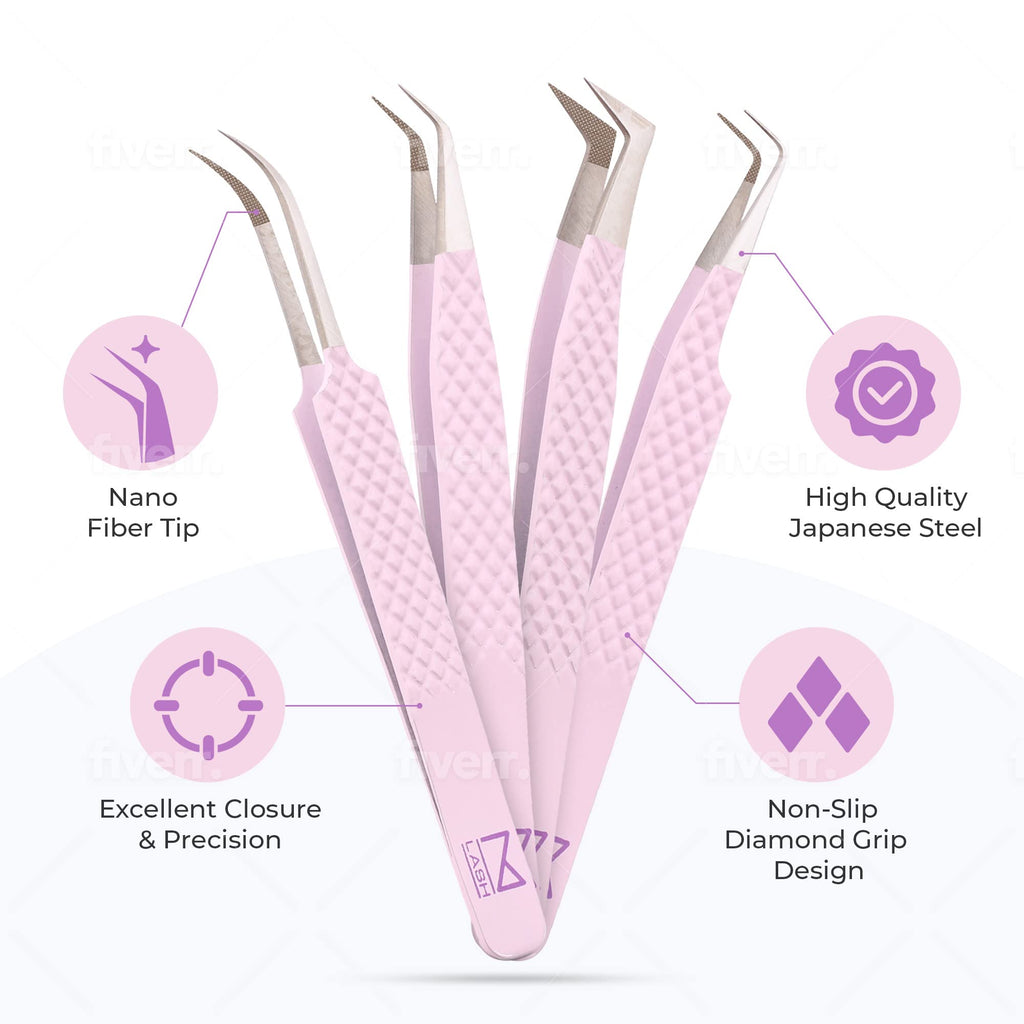 M LASH Tweezers for Eyelash Extensions (Set of 4) - Professional Lash Extension Tweezers - Fiber Tip, Japanese Steel, Diamond Grip Eyelash Extension Tweezer set (Lilac)
