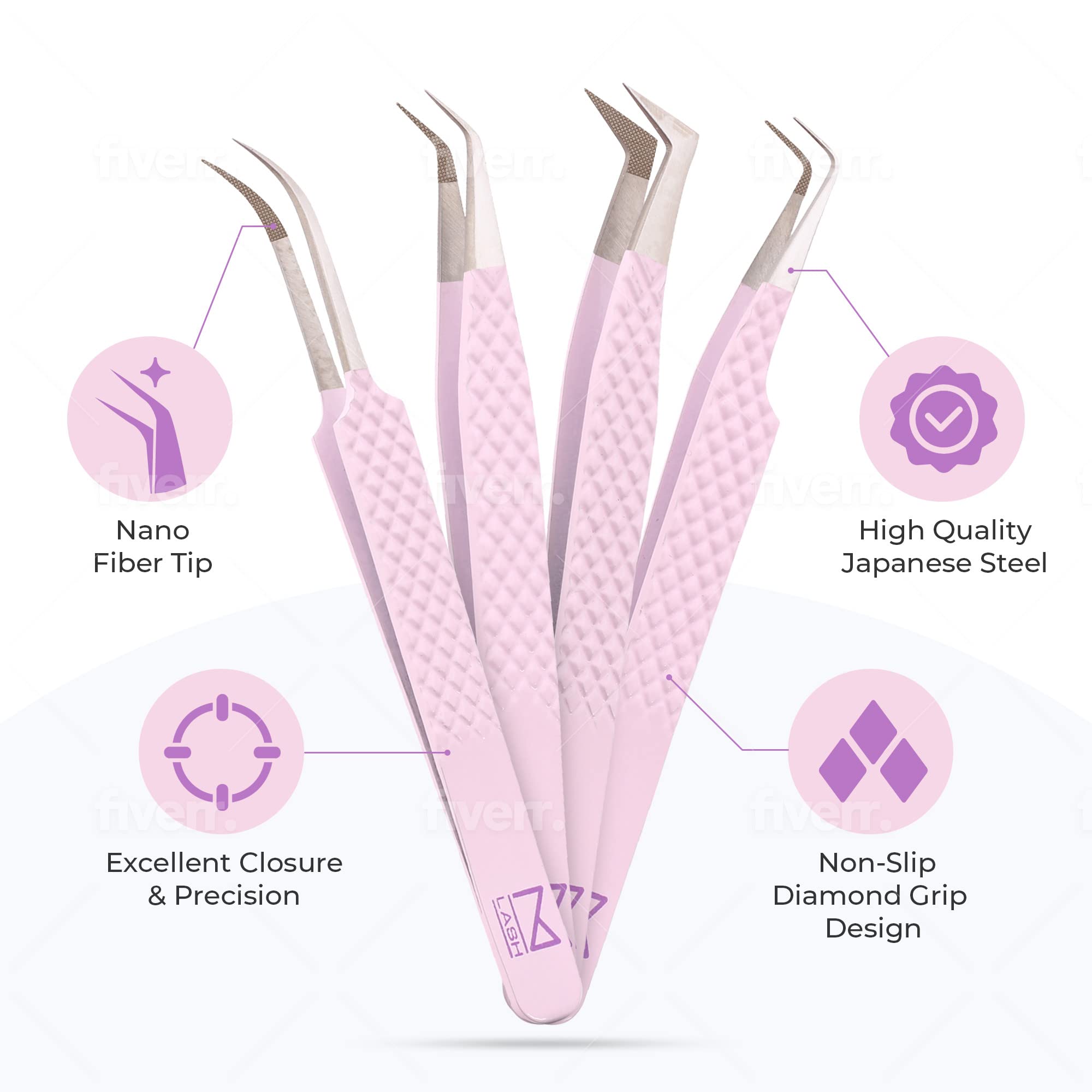 M LASH Tweezers for Eyelash Extensions (Set of 4) - Professional Lash Extension Tweezers - Fiber Tip, Japanese Steel, Diamond Grip Eyelash Extension Tweezer set (Lilac)
