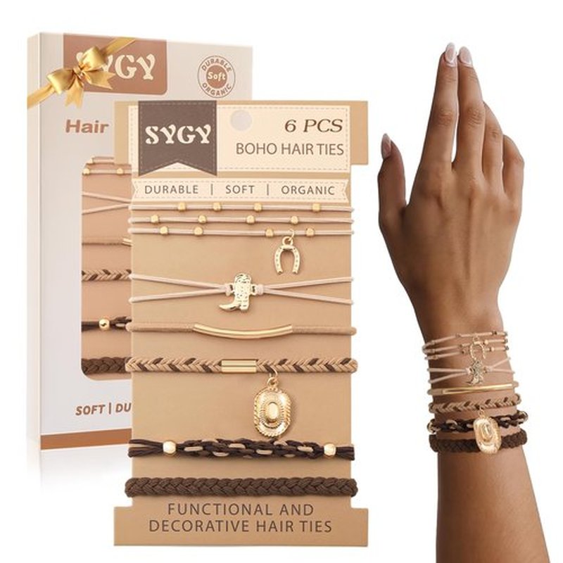 6 PCS Hair Ties Bracelets for Women, Boho Hair Ties for Thick & Thin Hair, Elastic Hair Bands That Double as Stylish Jewelry, Dual-Use Stretch Bracelets, Hand-braided Ponytail Holders, Cow Boy Pendant