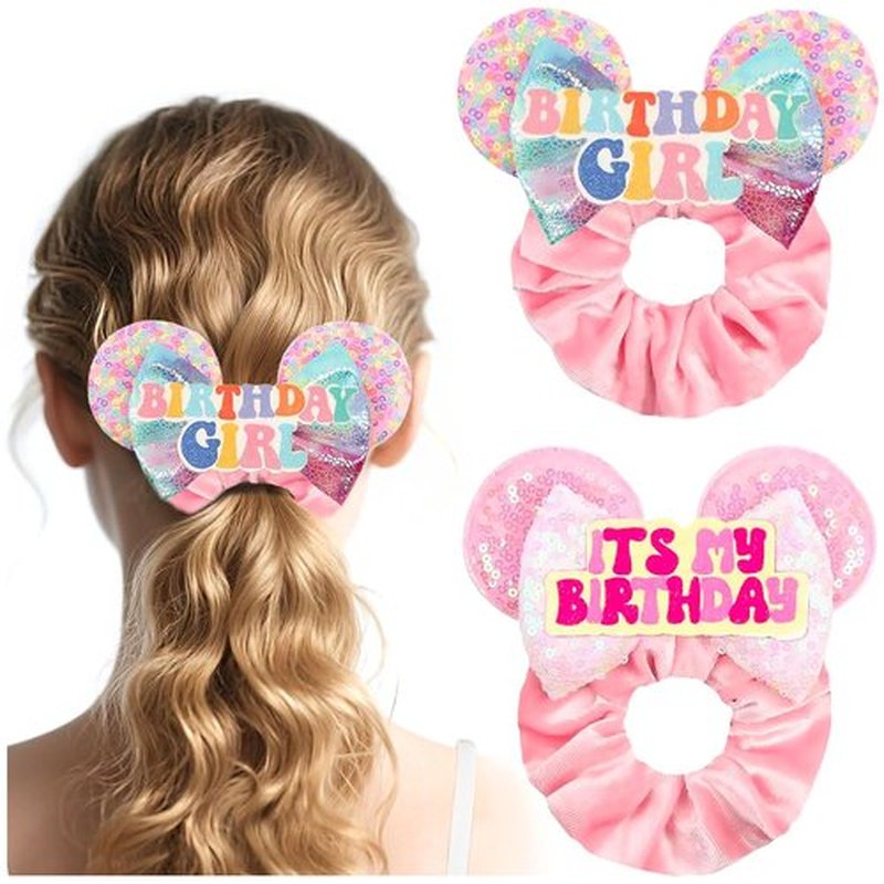 Mouse ear scrunchies with glitter sequin ears for women girls, princess hair accessories for women, mini mouse ears bows hair bows for women girls (birthday pink)