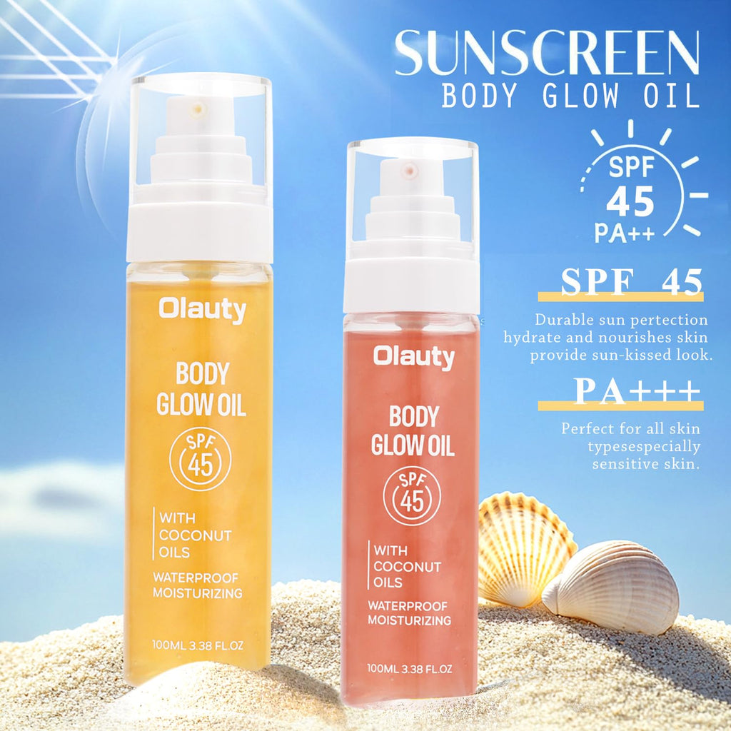 Body Glow Oil, SPF45 Sunscreen Body Oil Shimmer Moisturizing with Coconut Oil Nourishing Glowing Skin, Body Shimmering Oils for Face & Body, Lightweight, Non-Greasy