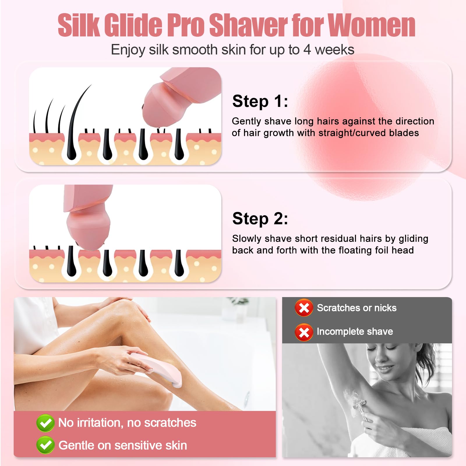 Electric Shaver for Women, Bikini Trimmer for Women, 2 in 1 Wet & Dry Painless Hair Removal with 2 Removable Heads for Bikini, Leg, Arm, Underarm, IPX7 Waterproof Rechargeable Design (Pink)