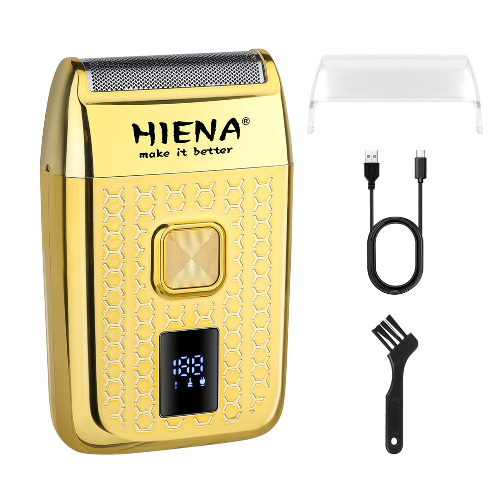 HIENA PRO Professional Reciprocating Electric Shaver for Men, Cordless Bald Head Precision Trimmer & Beard Trimmer, Foil Shaving and Men's Facial Grooming Tool with LED, Gifts for Men(Gold)