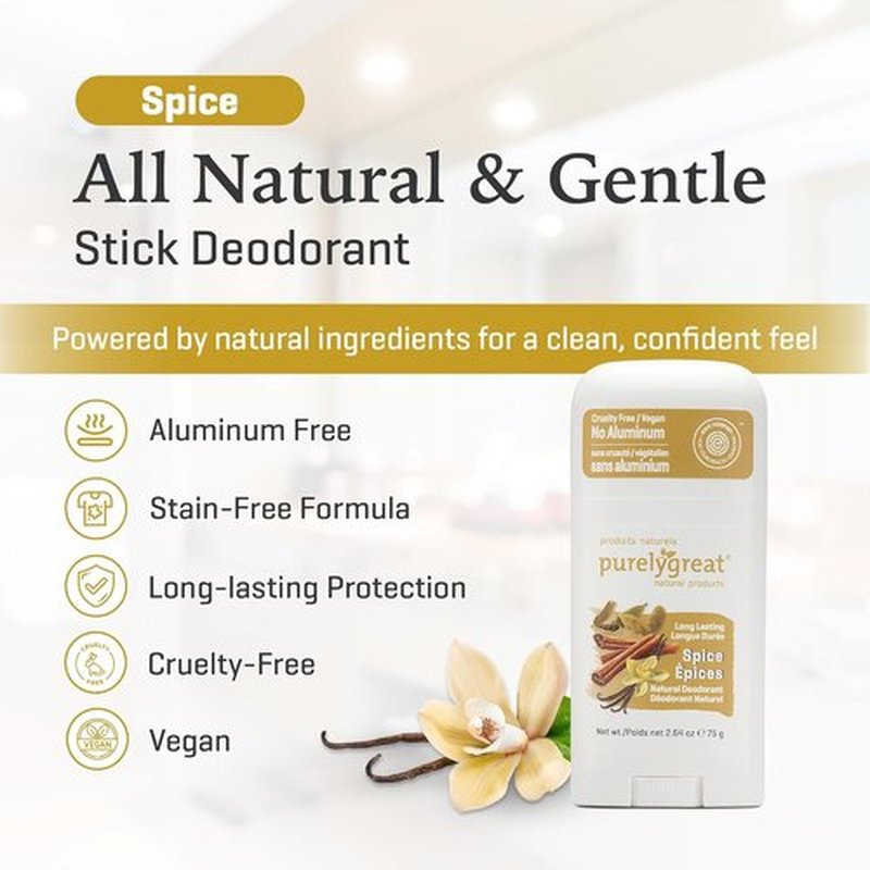 Purelygreat Natural Deodorant Stick - Spice Scented, Paraben & Aluminum Free | Travel-Friendly 2.64 oz / 75 g