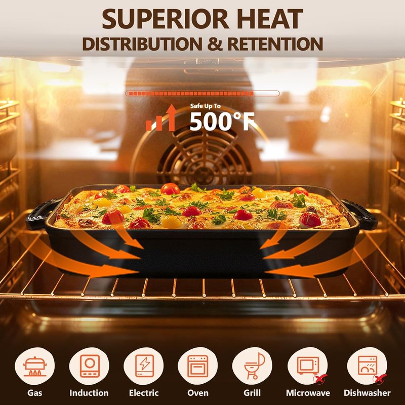 Cast Iron Detroit Pizza Pan - 9x13 Inch Pre-Seasoned Deep Dish for Perfect Casseroles & Lasagna