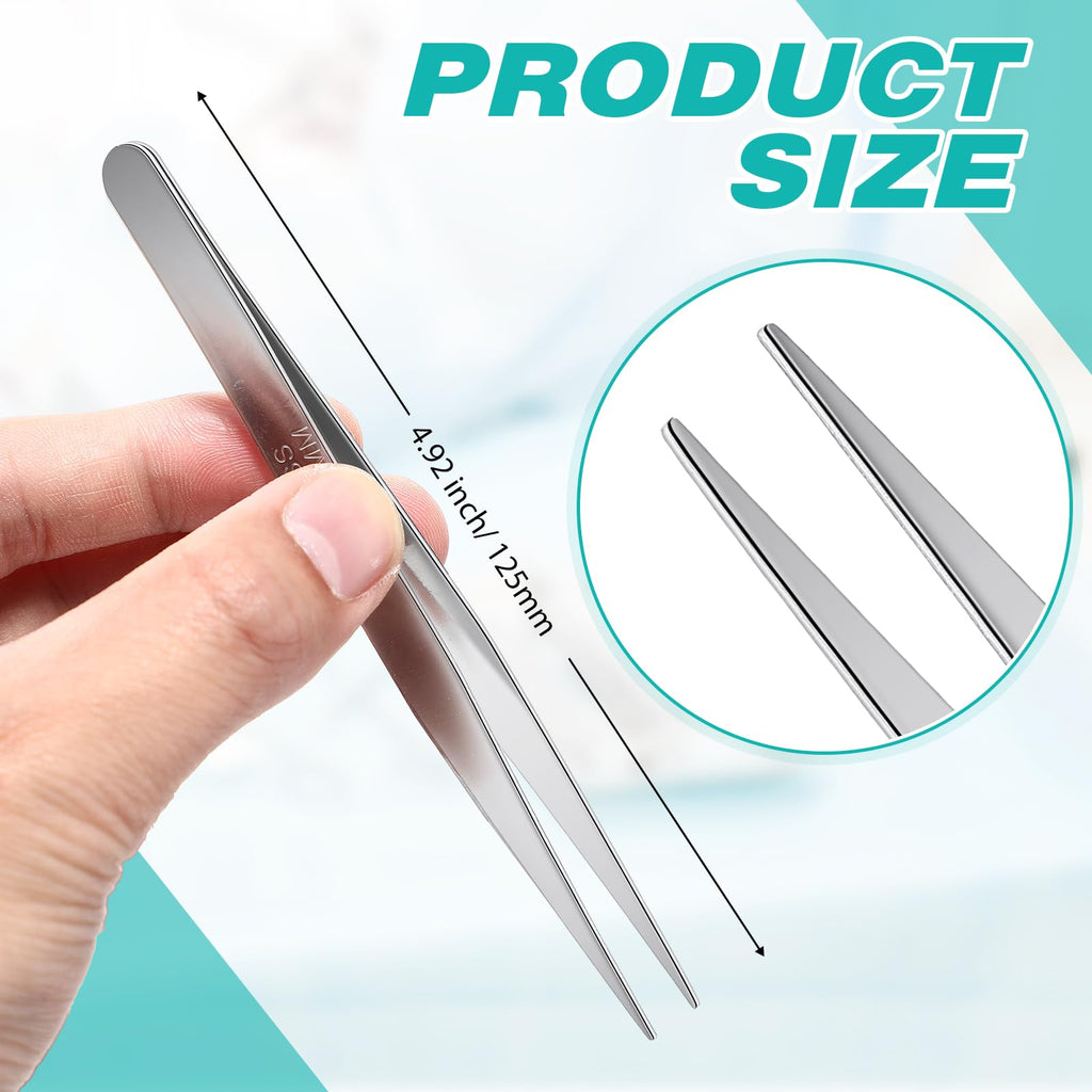 WILLBOND 10 Pcs Stainless Steel Tweezers Lab Forceps Long Tweezers with Flat Round Tip Hair Removal Tweezer Garden Tweezer Serrated Tip Straight 5 Inch for Plants, Craft, Electrical Repair