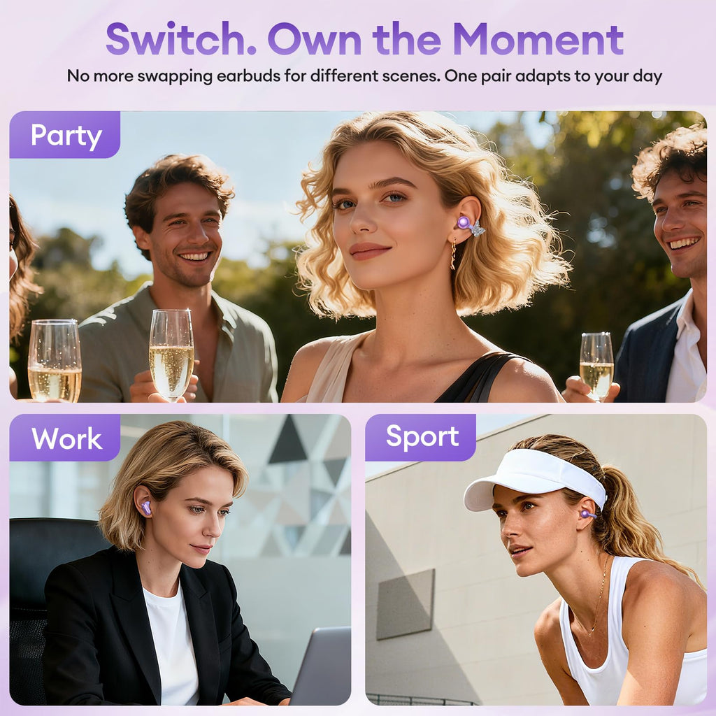 PAXA 3 in 1 Ctbuds Stylish Jewelry-Style Clip on Open Ear Headphones Wireless Earbuds, Instant Earring Mode, Ultra-Long 140H Play, Bluetooth 6.0, All-Day Wear for Work Fitness Daily Use, Purple