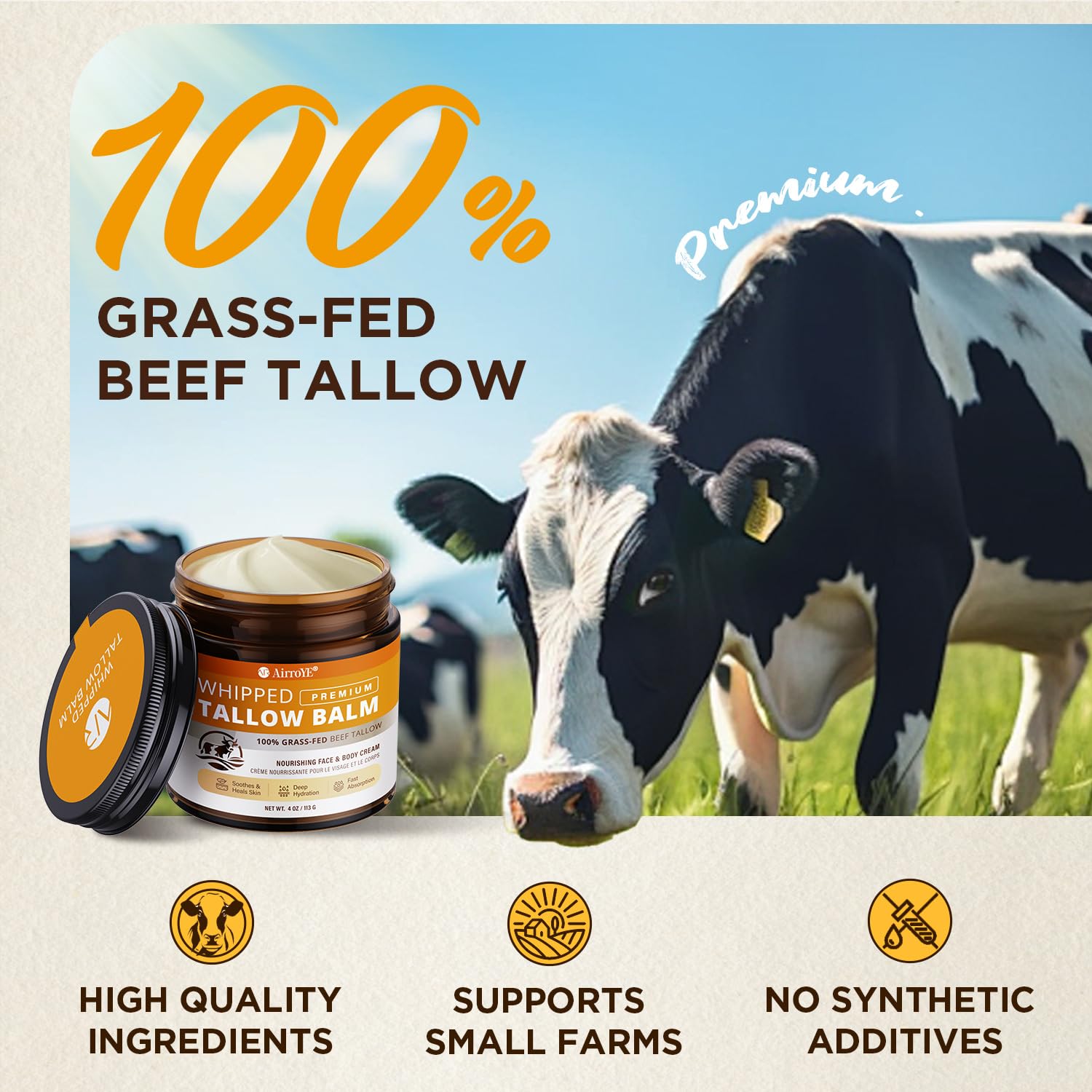 AirroYE Grass-Fed Beef Tallow for Skin: Whipped Beef Tallow Face Body Moisturizer - All Natural Skincare Tallow Balm for Eczema and Dry Skin 4oz (Unscented)
