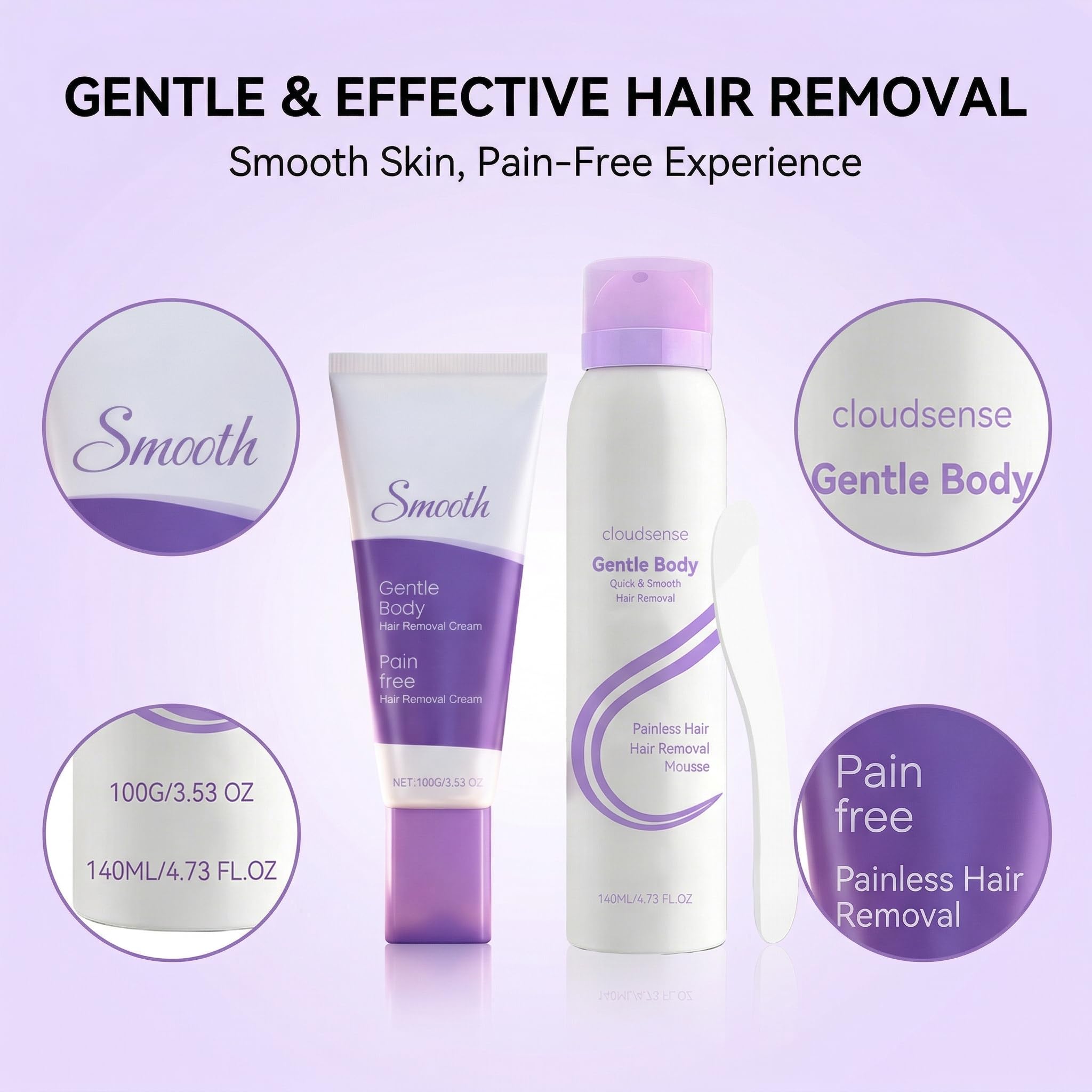 2-in-1 Hair Removal Cream & Mousse Combo Set Fast-Acting Depilatory for Women & Men, 100g Tube + 140ml Foam with Scraper