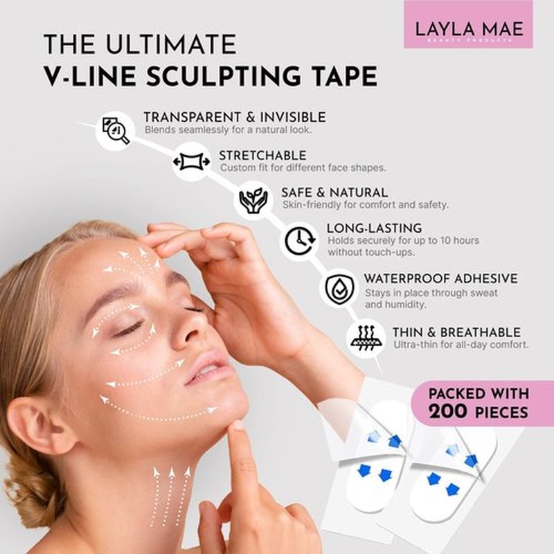 Layla Mae Face Lift Invisible Tape - Neck V-Face Lifting Patches for Tightening Loose Sagging Skin Wrinkles Eyebrow Eye Lift - Facial Adhesive Tapes for Under Makeup Instant Facelift (200PCS)