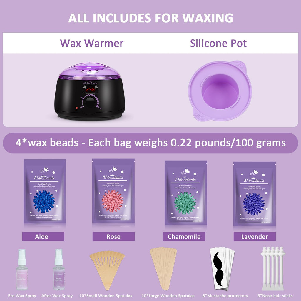 Waxing Kit -Digital Wax Warmer Machine for Hair Removal with 4 Packs of Hard Wax Beads & Silicone Pot for Full Body, Legs, Face, Eyebrows, Bikini, Brazilian at Home Waxing Kit for Women Mothers Day