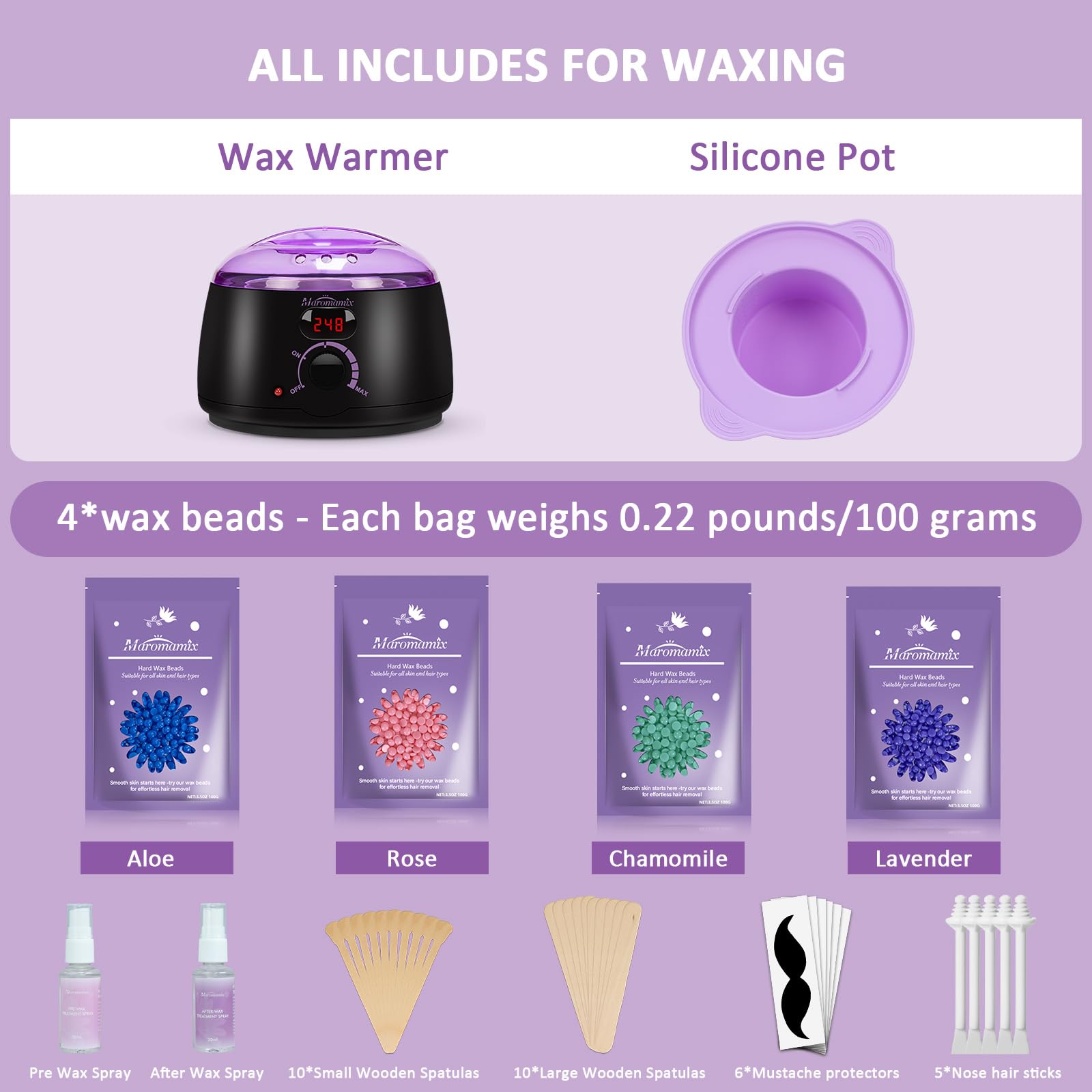 Waxing Kit -Digital Wax Warmer Machine for Hair Removal with 4 Packs of Hard Wax Beads & Silicone Pot for Full Body, Legs, Face, Eyebrows, Bikini, Brazilian at Home Waxing Kit for Women Mothers Day