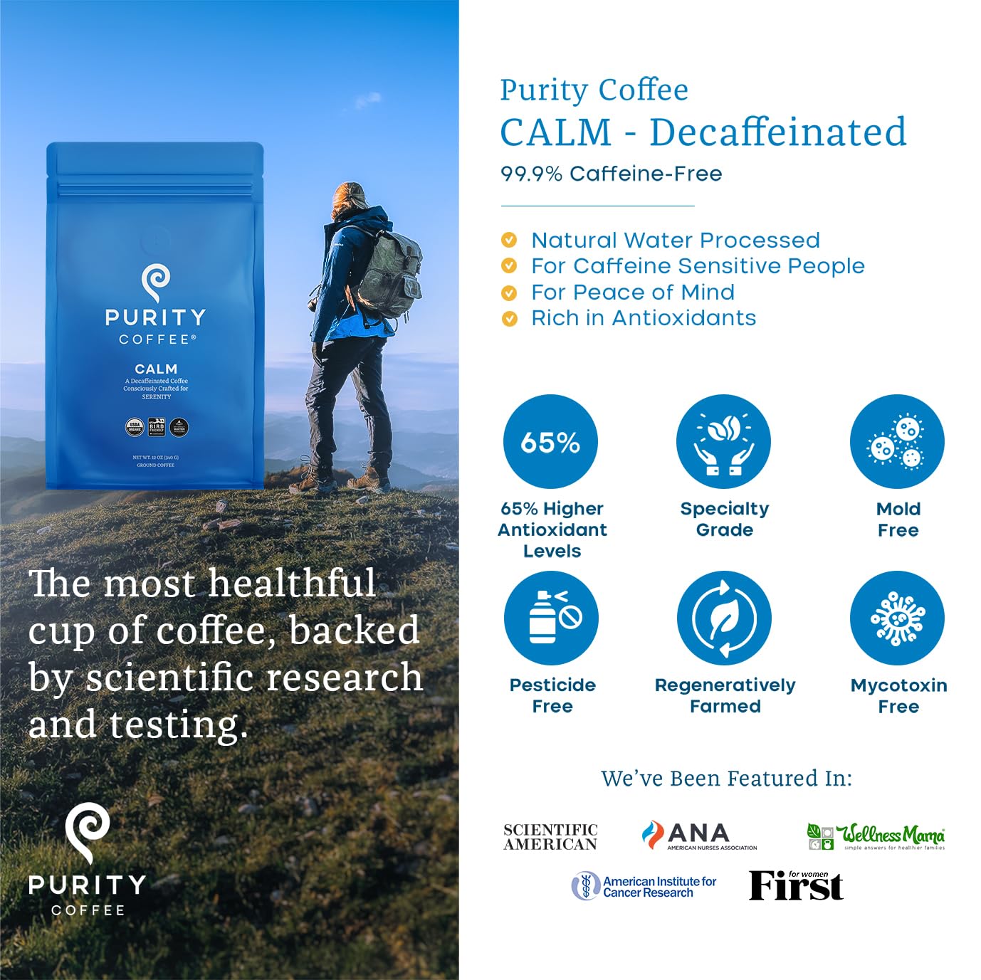 Purity Coffee CALM Decaf Medium Roast Ground (12oz Bag) | Specialty-Grade USDA Organic Mountain Water Process Decaffeinated Blend | Third Party Tested for Mold, Mycotoxins & Pesticides
