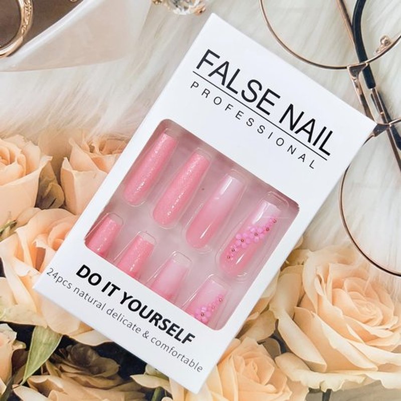 LPOODDNU French Square Fake Nails, Pink Press-on Nails, Crystal Flowers, White Flowers, Acrylic, Extra Long, Full Cover, 24PCS