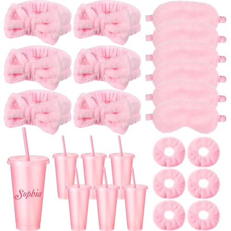 Hoteam 24 Pcs Spa Party Supplies for Women Sleepover Slumber Party Favors Include 6 Pink Spa Headband 6 Velvet Scrunchies 6 Eye Mask 6 Pink Plastic Cups Tumbler Valentine Galentine Gift for Beauty