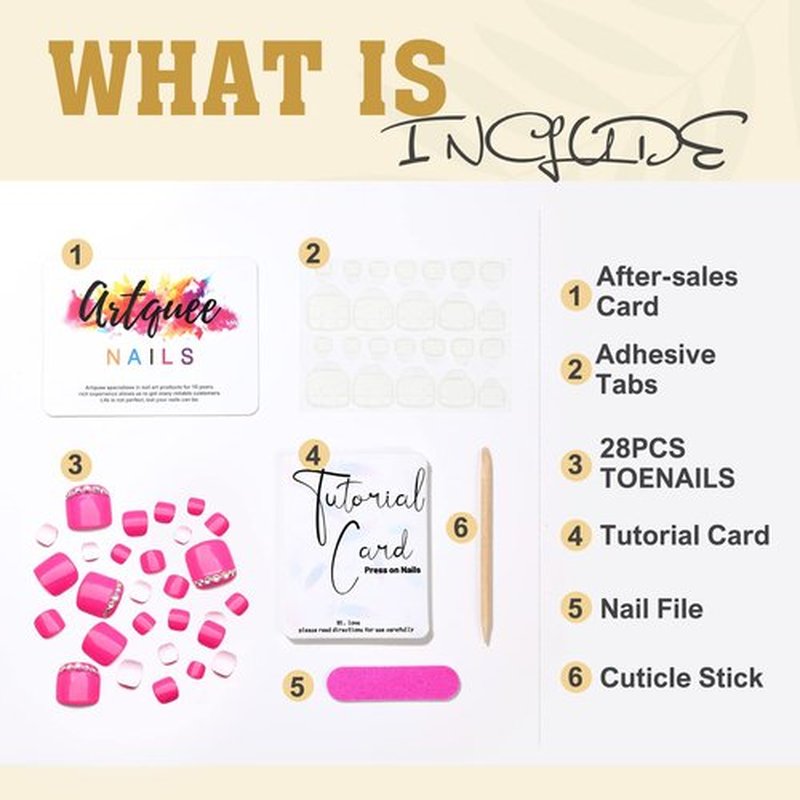 Artquee 28pcs Hot Pink Short Press on Toenails Glossy Square Fake Toe Nails Art Rhinestones Design Beach False Toes Nail Kit Tips Cute Artificial Toenail for Women in 14 Sizes
