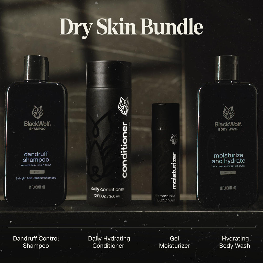 Black Wolf 4-Piece Skincare and Hair Gift Set for Men – Anti-Dandruff Shampoo, Moisturizing Body Wash, Face Moisturizer, Daily Conditioner - Skin Care Kit for All Dry Types