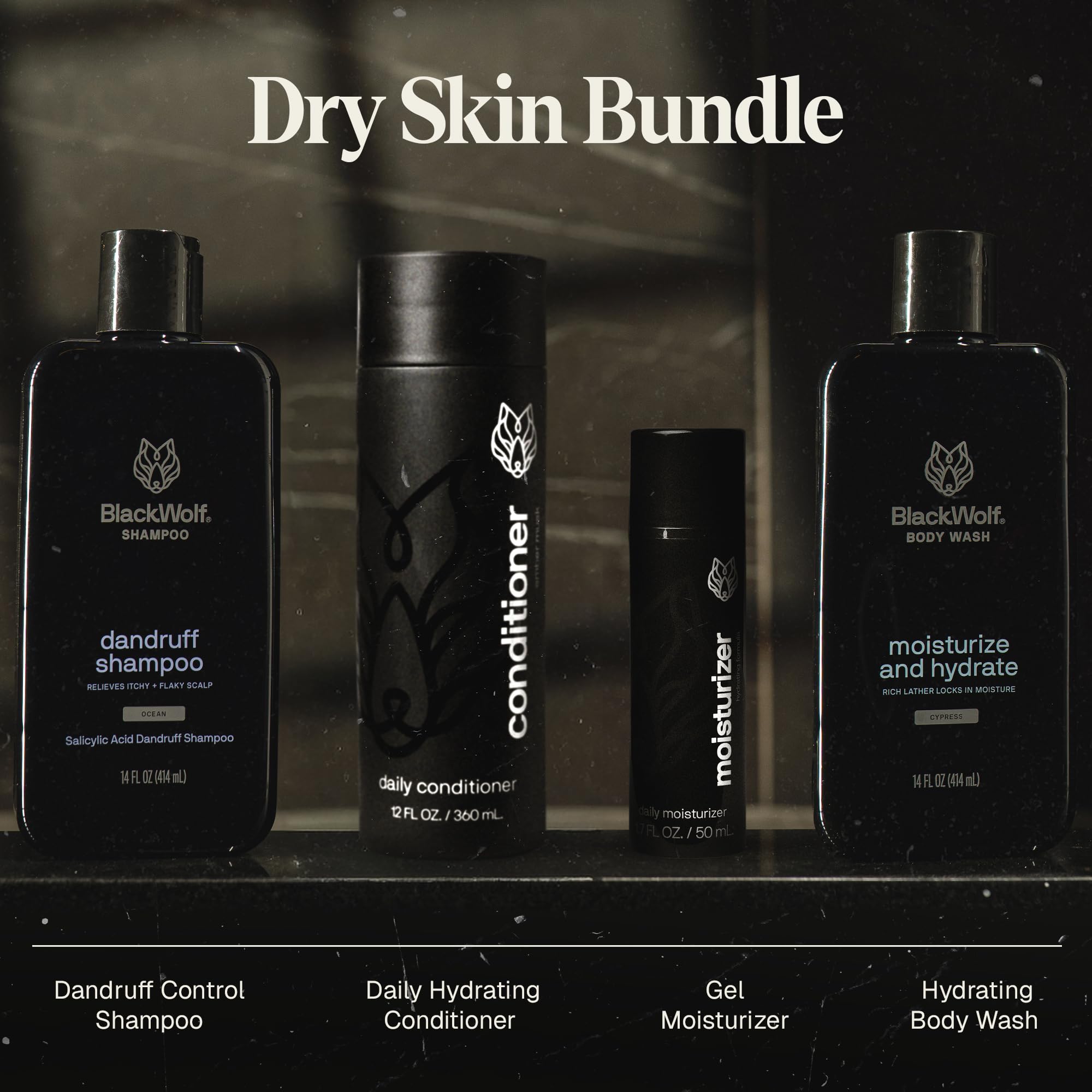 Black Wolf 4-Piece Skincare and Hair Gift Set for Men – Anti-Dandruff Shampoo, Moisturizing Body Wash, Face Moisturizer, Daily Conditioner - Skin Care Kit for All Dry Types
