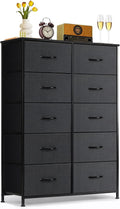 10-Drawer Dresser - Anti-Tip Tall Storage Organizer with Wooden Top & Metal Frame | Black Fabric Bins