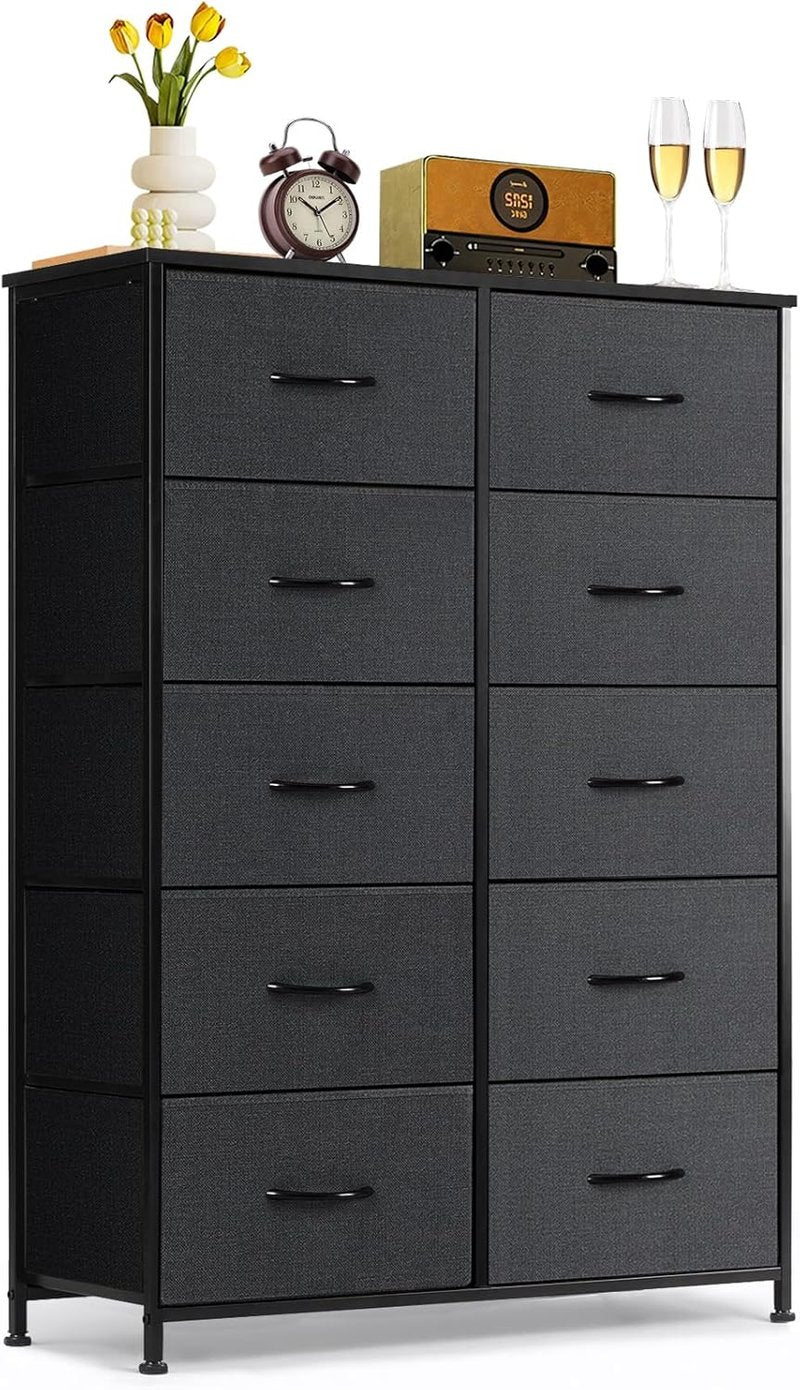 10-Drawer Dresser - Anti-Tip Tall Storage Organizer with Wooden Top & Metal Frame | Black Fabric Bins