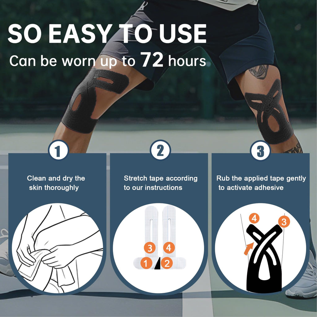 IEADEN Precut Kinesiology Tape for Knees, 10 Pcs - Knee Support & Stability, Knee Pain Relief Athletic Tape - Waterproof & Elastic, Breathable Hypoallergenic Latex-Free Tape, Black