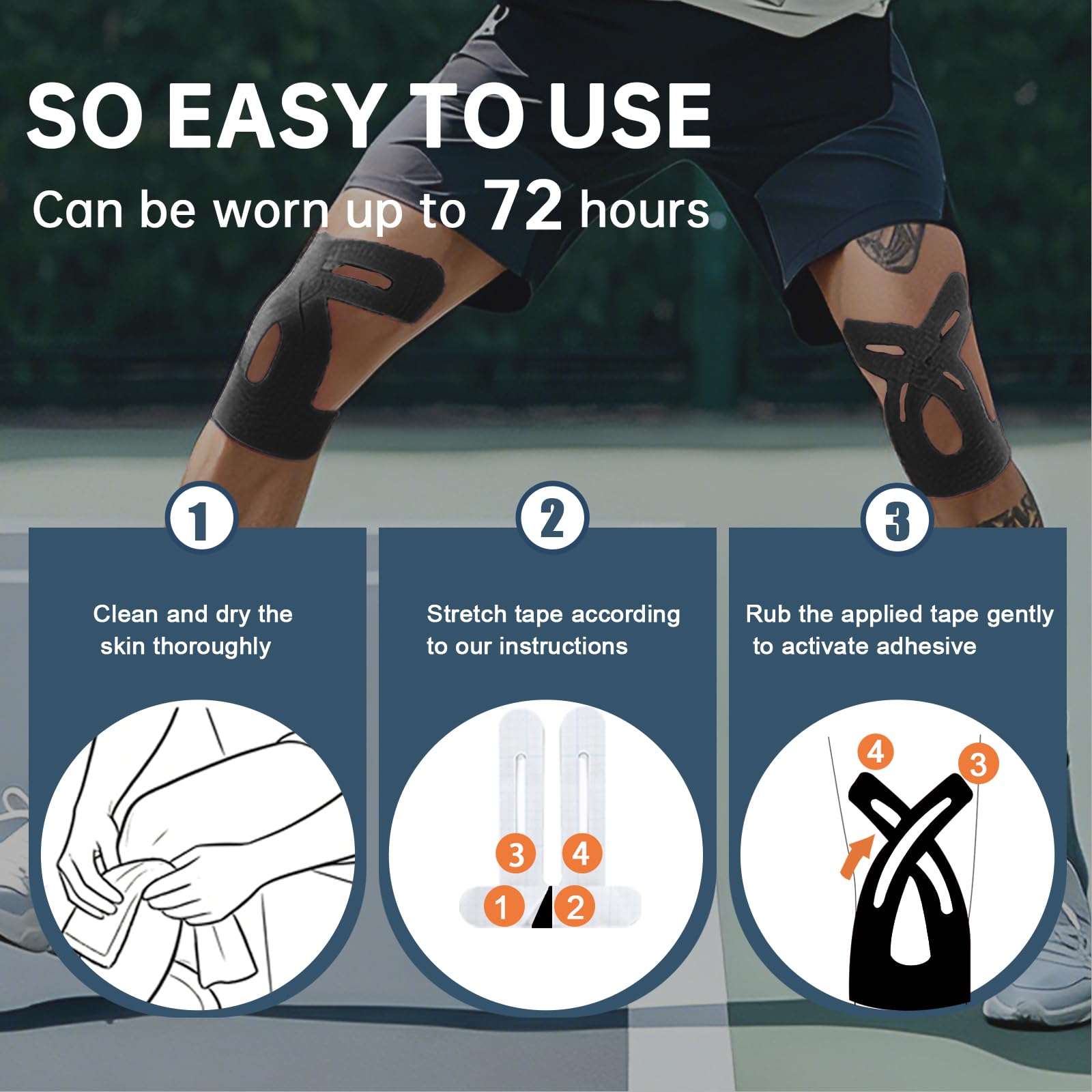 IEADEN Precut Kinesiology Tape for Knees, 10 Pcs - Knee Support & Stability, Knee Pain Relief Athletic Tape - Waterproof & Elastic, Breathable Hypoallergenic Latex-Free Tape, Black