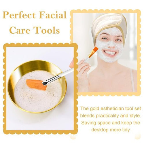 26 Gold Esthetician Supplies 3 Fan Brushes Esthetician 3 Facial Mask Mixing Bowls Large Gold Serving Bowls 3 Facial Flat Brushes Skincare Tray 3-Section Serving Tray 12 Facial Sponges 2 Spa Headbands