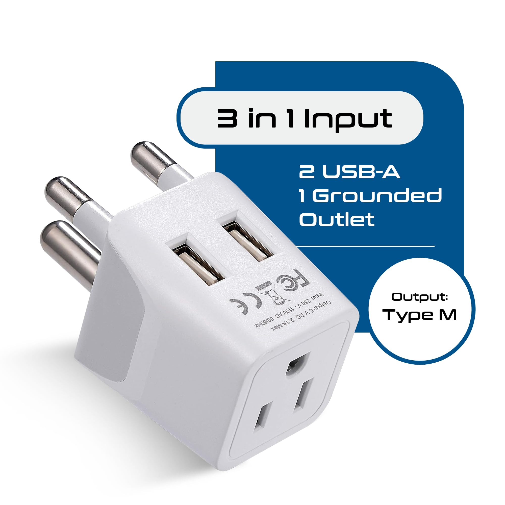 Ceptics South Africa, Botswana Travel Adapter Plug With Dual USB + USA Input - Type M - Ultra Compact - Safe Grounded Perfect for Cell Phones, Laptops, Camera Chargers and More (CTU-10L)