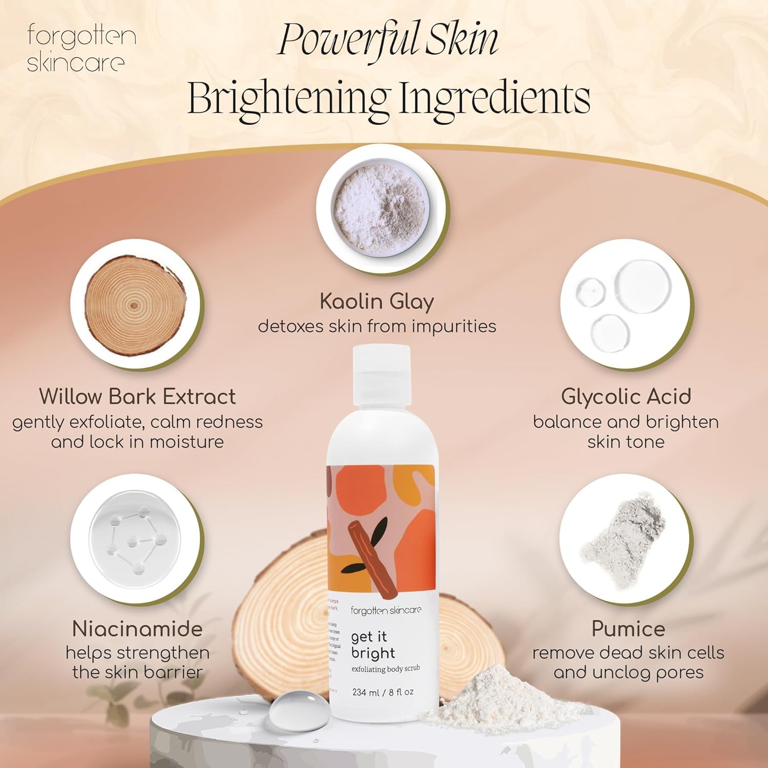 Forgotten Skincare Get It Bright Exfoliating Body Scrub with Glycolic Acid & Pumice for Dark Armpits, Bikini Area, KP Bumps, Rough Skin – Daily AHA Polish to Smooth, Soften & Prep Sensitive Areas