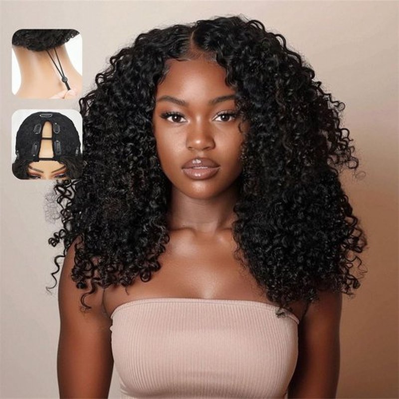 sterly V Part Wig Human Hair Glueless No Leave Out Upgrade U Part Wigs Burmese Curly Wig with Spiral End Deep Curly Wigs For Women Full Head Clip In Half Wigs 200% Density 18inch