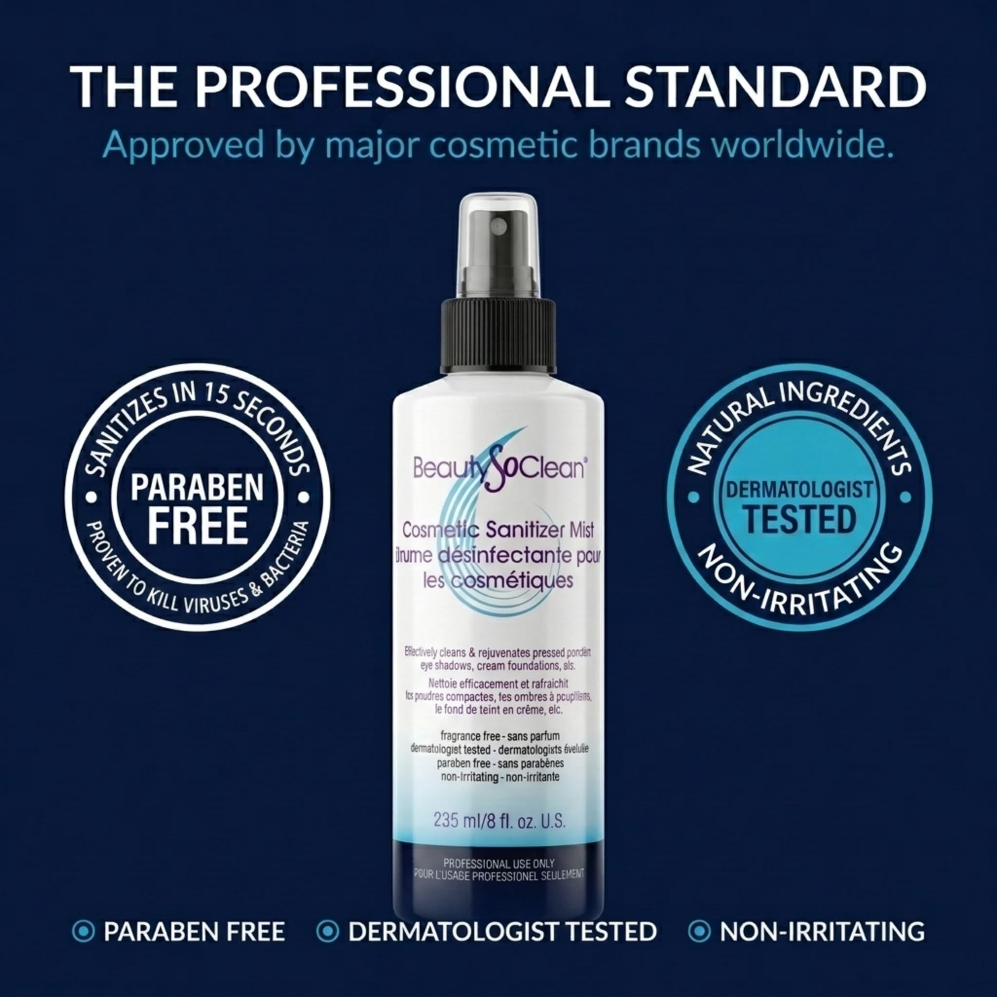 Beautysoclean Cosmetic Sanitizer Mist - (8.0 oz.) Makeup Sanitizing Spray for Powder-based Makeup Palettes & Pressed Cream Foundations, Bronzers, Concealers, Blushes, Eyeshadows.