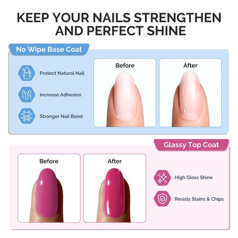 MelodySusie Fleurwee No Wipe Glossy Top Coat & Base Coat Gel Nail Polish Hema Free 21 Non Toxic Soak off UV Long Lasting No Chip Gifts for Women Finger Toe Nail Polish