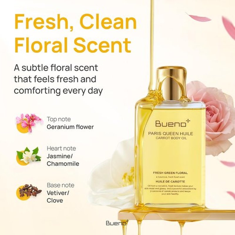 Bueno | Paris Queen Carrot Body Oil - Hydrates & Protects Skin with Carrot Extract | 6.7 Fl Oz