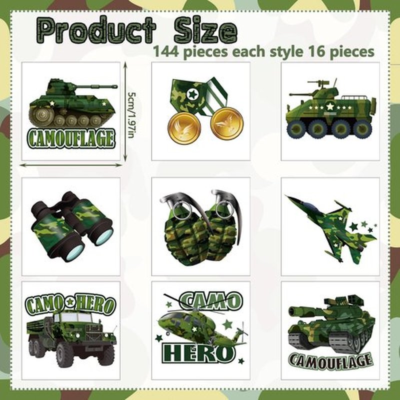 144 Sheets Military Camouflage Tattoo Camouflage Army Party Favors Supplies Military Camo Tank Helicopter Fake Tattoos Stickers Army Birthday Party Decorations for Men Boys Kids Adults School Prizes