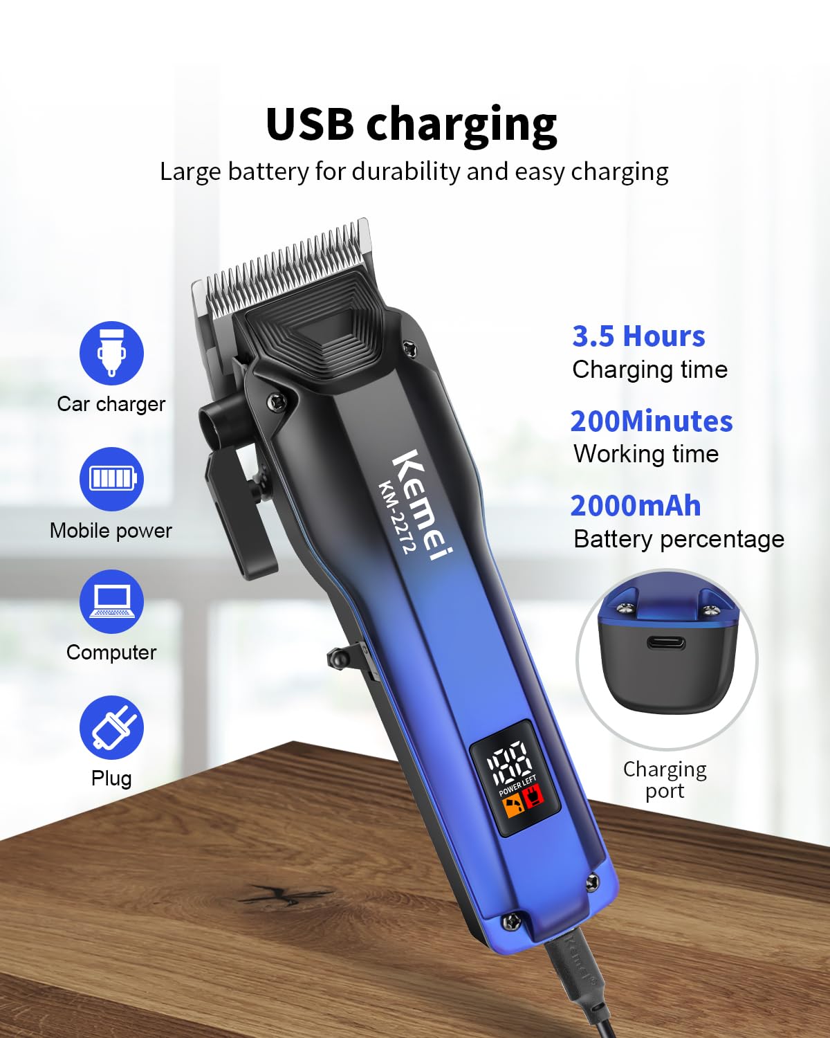 KEMEI KM-2272 Professional Hair Clippers for Men, Cordless Barber Clippers, Electric Clipper for Men Haircut, USB Type C Rechargeable Up to 200 Min Usage with LED Display