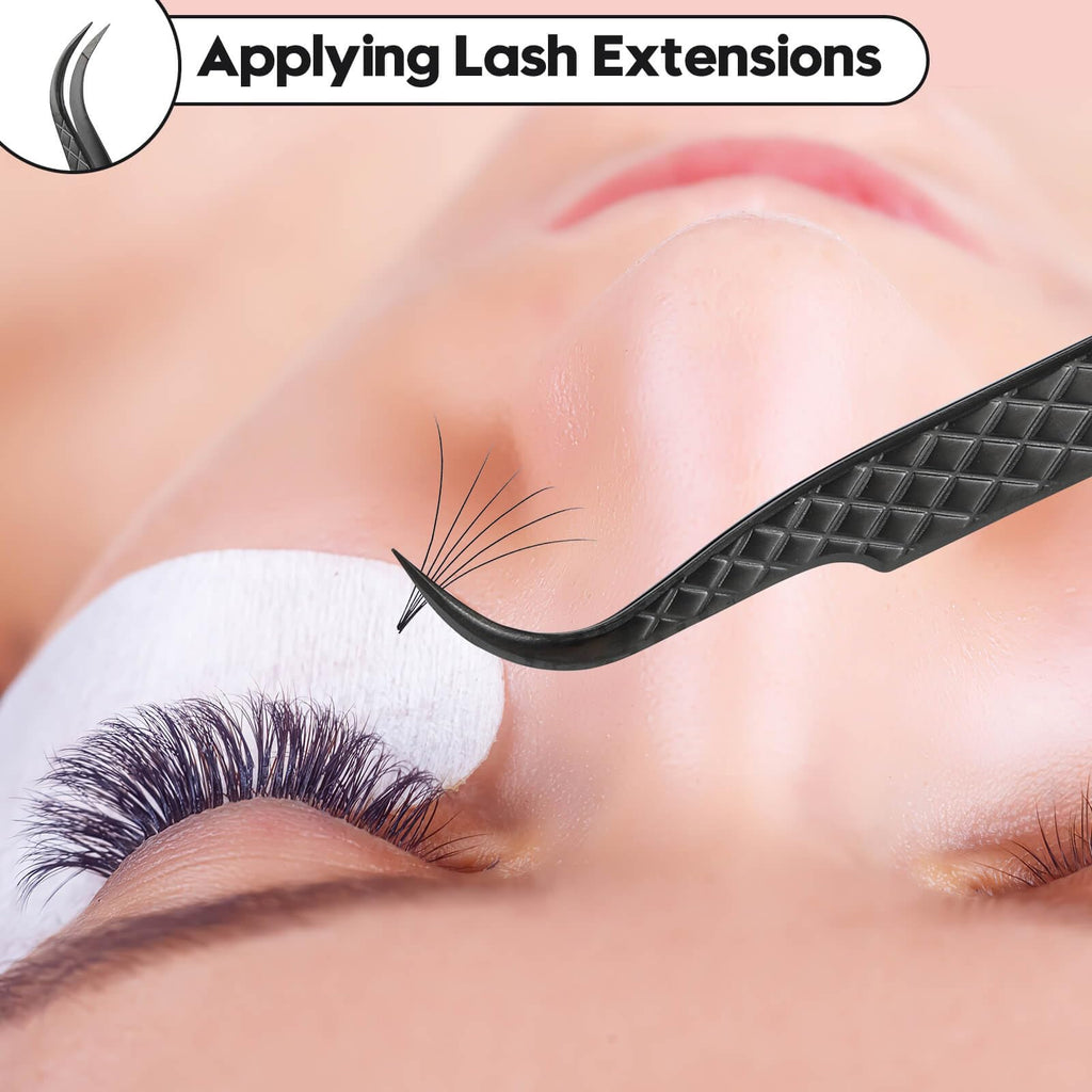Ms.Queen Eyelash Tweezers For Extensions, Precision Diamond Grip Curved Lash Tweezers Fiber Tip,Black