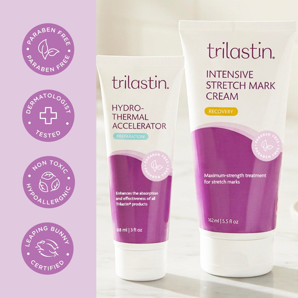 TriLASTIN Stretch Mark Cream & Serum Bundle - Intensive Stretch Mark Cream Treatment - Hyaluronic Acid Hydrothermal Accelerator - Maternity Skin Care Essential - 5.5 Oz Jar, 3 Oz Accelerator