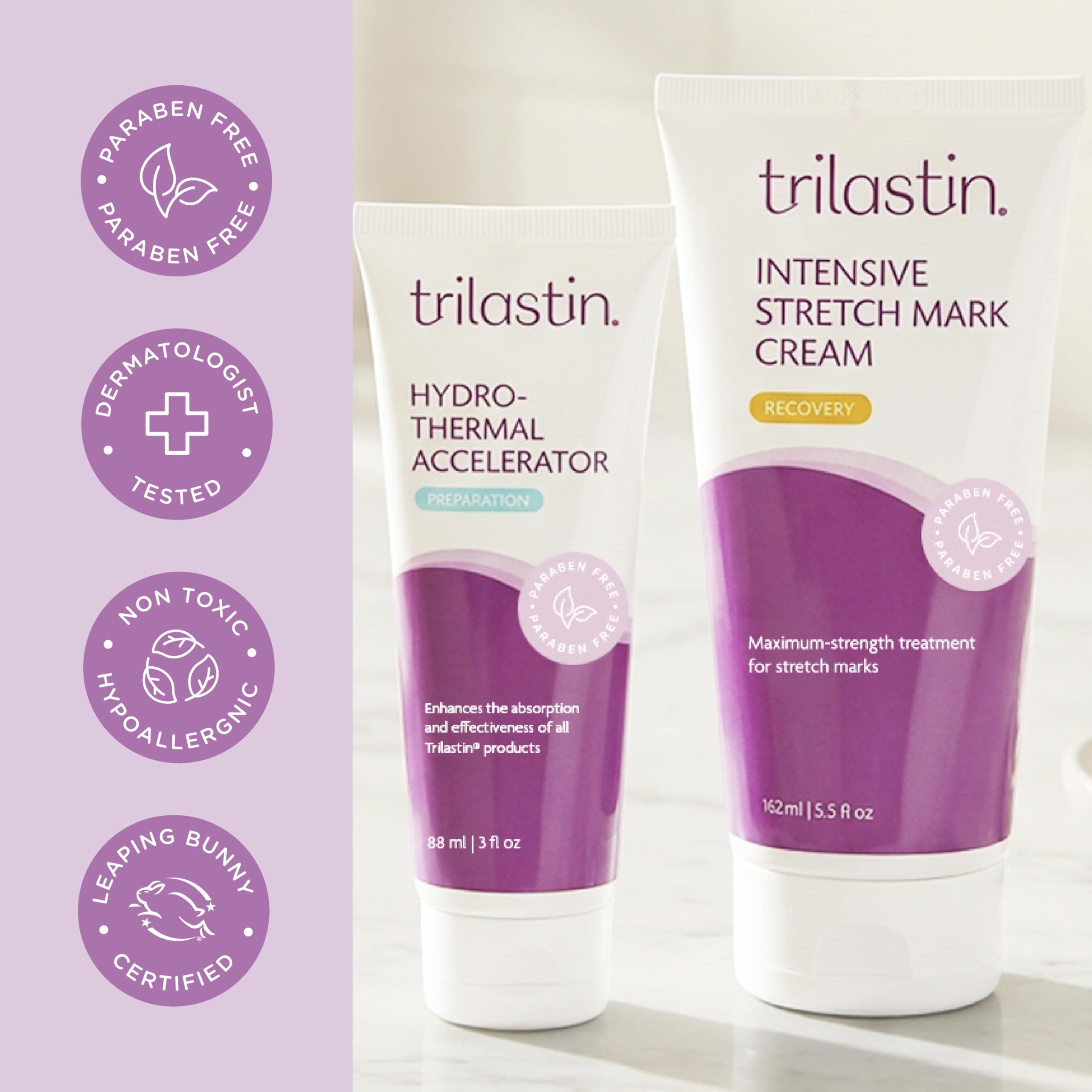 TriLASTIN Stretch Mark Cream & Serum Bundle - Intensive Stretch Mark Cream Treatment - Hyaluronic Acid Hydrothermal Accelerator - Maternity Skin Care Essential - 5.5 Oz Jar, 3 Oz Accelerator