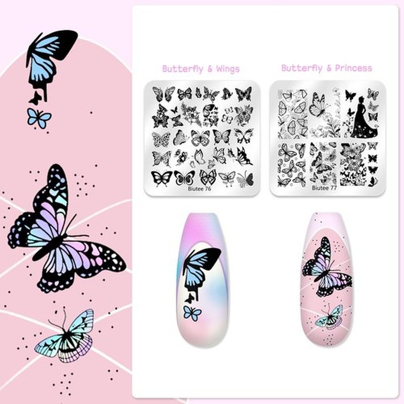 Biutee Nail Stamper Kit 16Pcs Nail Art Stamping Plate 8 Colors Stamp Polish Gel Silicone Stamper Scraper with Storage Bag, Nail Stamp Plates Love Flower Butterfly Leaf Template Valentine Design Gift