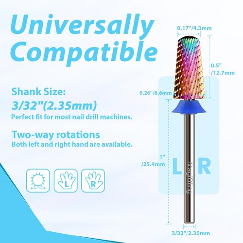 6.6mm Tapered Barrel Nail Drill Bit, Cross-Cut Tungsten Carbide E-File Bit 3/32", Round Top Two-Way Rotation, Fast Hard & Soft Gel Acrylic Removal for Professional Nail Techs & Salons, Medium