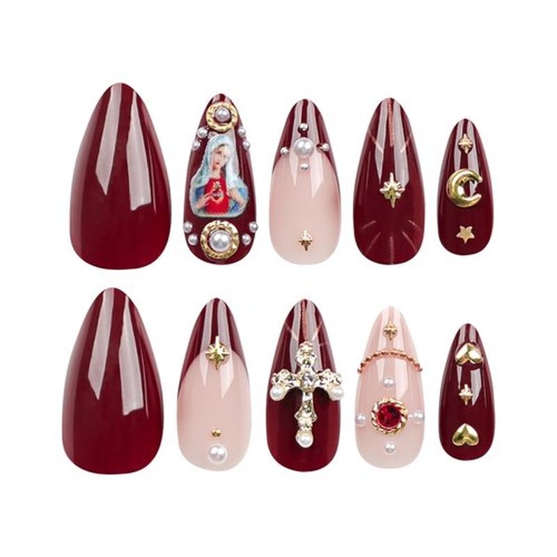 Almond French Tip Gold Glue Press On False Nails with Charms Cross 3D Gems Rhinestones Moon Design Red Acrylic Nails for Women Girls